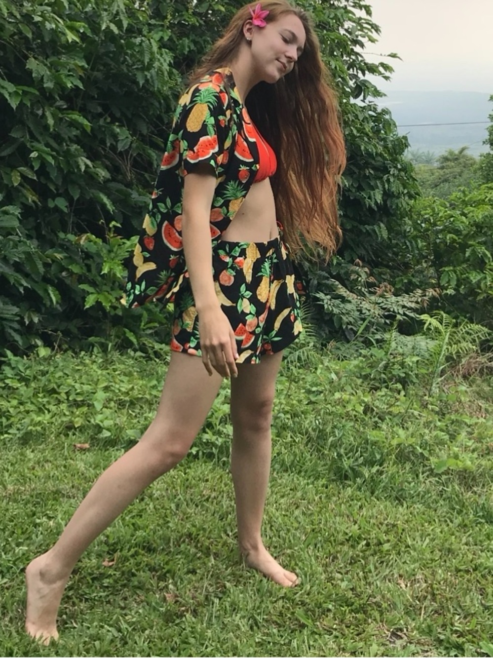 Forever 21 Black Tropical Fruit Print Elastic Waist Rayon Shorts